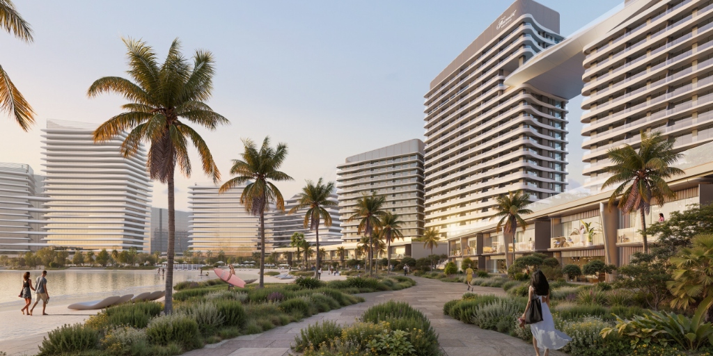 Fairmont Residences Al Marjan Island - Luxury Beachfront Promenade with Palm Trees and Modern Architecture
